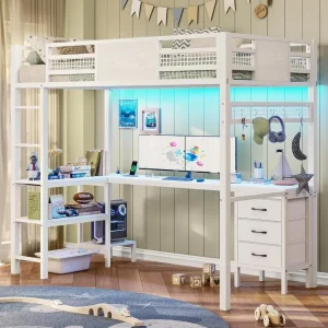 Loft Bed with L-Shaped Desk, Lights, ,Charging Station