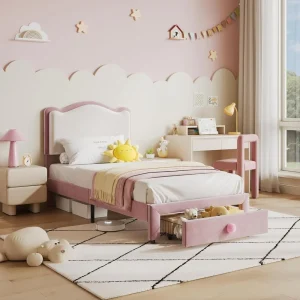 Upholstered Kids Bed with Storage Drawer