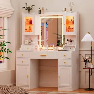 Vanity Desk with Mirror and Lights, Charging Station