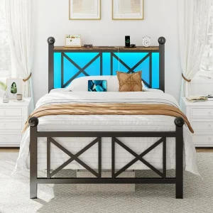 Bed Frame with LED Lights, Shelf with Charging Station
