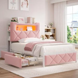 LED Twin Bed Frame w/2 Storage Drawers & 2-Tier Storage Bookcase Headboard